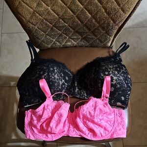 Lot Of 2 Aerie Real Happy Balconette T-Shirt Bras Black Pink Tan Floral Lace